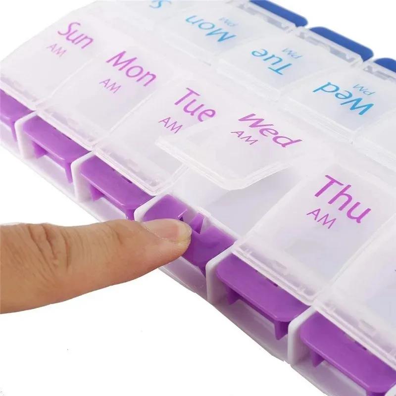 Push Button (7-Day) Pill Case, Medicine Planner, Vitamin Organizer, 2 Times a Day AM/PM, Large Compartments, Arthritis Friendly