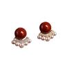 Year of the Horse 2026 Red Bean Pearl Zircon Fan-Shaped Stud Earrings - Elegant New Year Women's Accessory