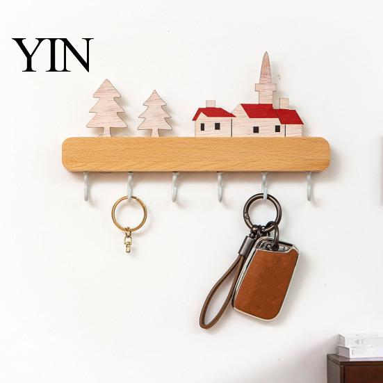 Kitchen Tool Storage Rack Key Holder with 6 Hooks, Solid Wood Entryway Organizer Rack, Wall No Drill for Mounted Space Saving Hook Keys Pet