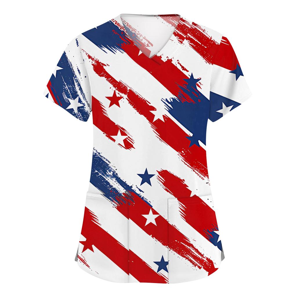 Women's Fashion V-neck Short Sleeve Workwear With Pockets Printed Tops