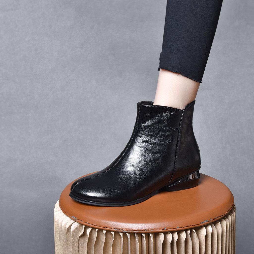 Round Head Short Boots Women's 2025 Autumn and Winter New Mango Head Low Heel Casual Cotton Boots Comfortable Flat Boots Cowhide Women's Leather Boots