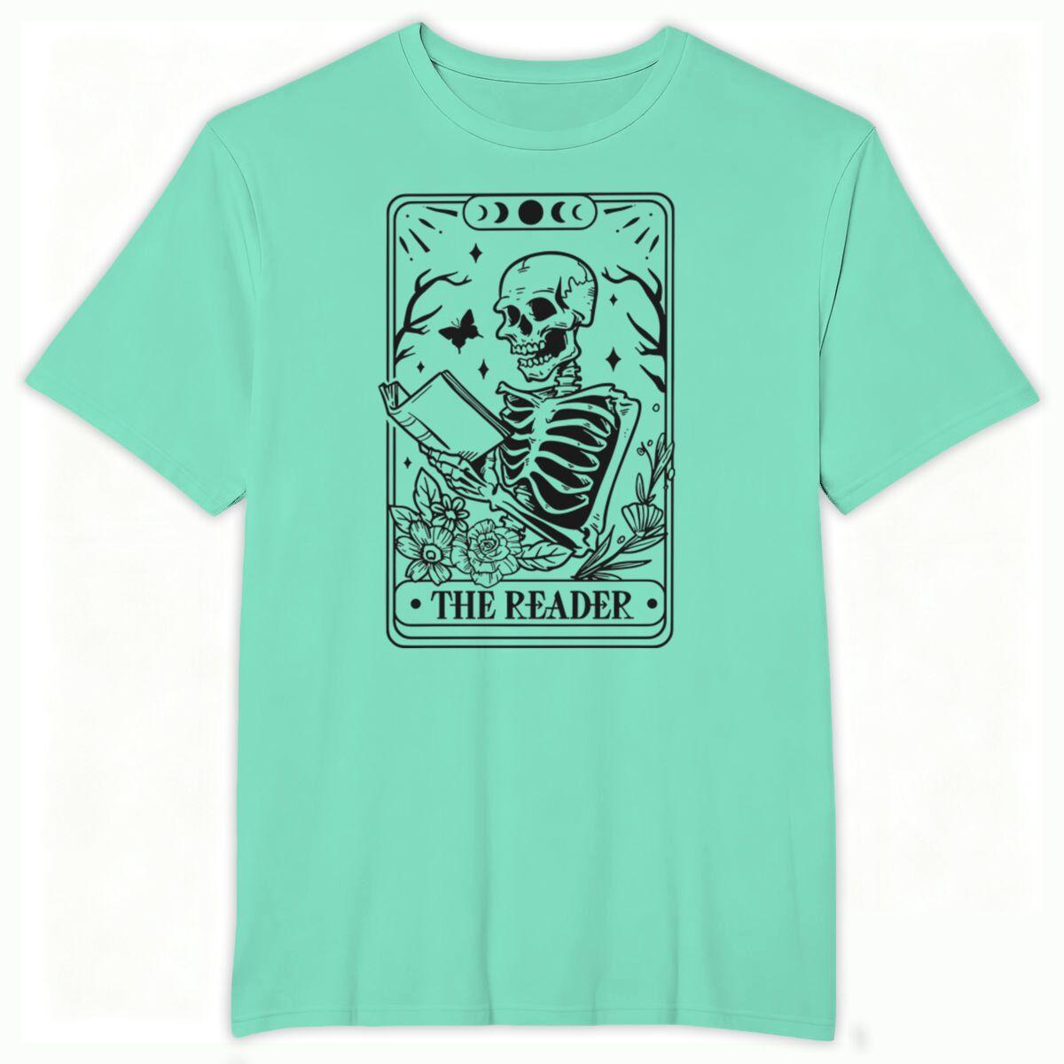 The Reader Skeleton Print T Shirt for Men Women Book Lover Gift Graphic Shirts Tee Floral Moon Skeleton Reading Book Tshirts S