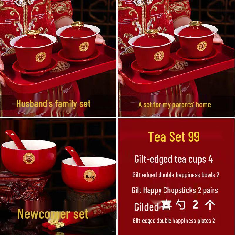 Festive Red Wedding Tea Set: Gaiwan, Chopsticks, Happy Bowl & Pair Bowls