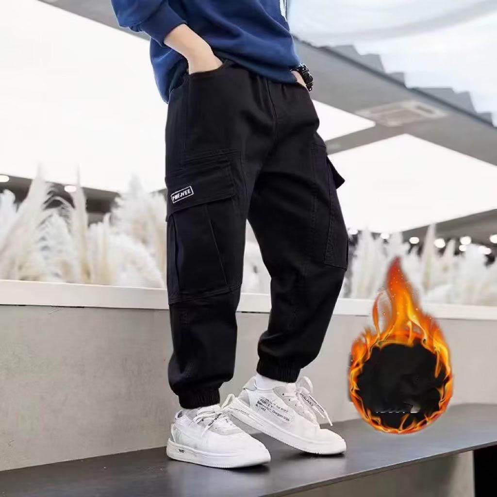 Boys Cargo Pants winter Streetwear Jogger Sweatpant Trousers Teenage Kids Elastic Waist Long Pants for Children 10 to 12 Years