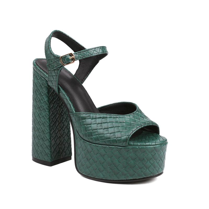 Three-Dimensional Plaid Fretwork Ultra-High Thick Heel Peep Toe Sandals Platform High Thick Heel Ankle Buckle Women's Sandals