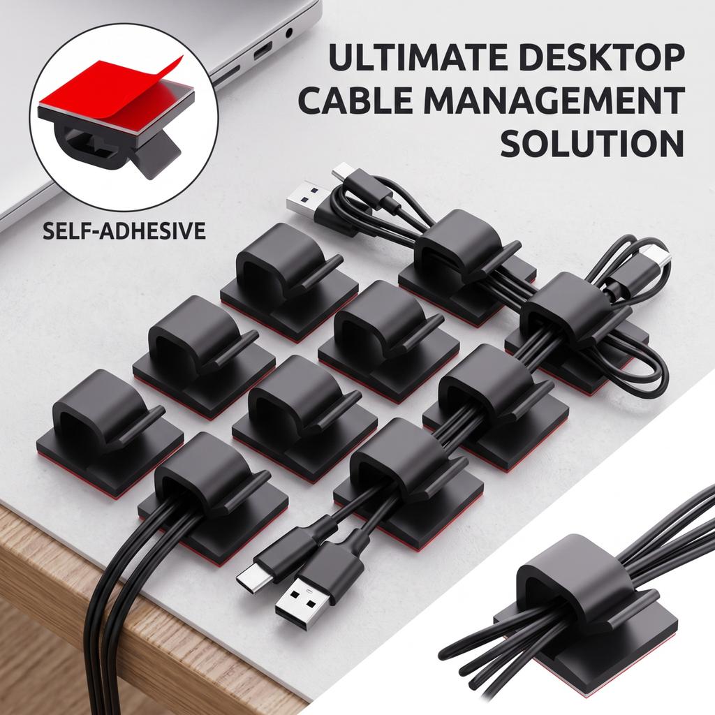 10-Pack Black Small Square Silicone Self-Adhesive Cable Set for Desk