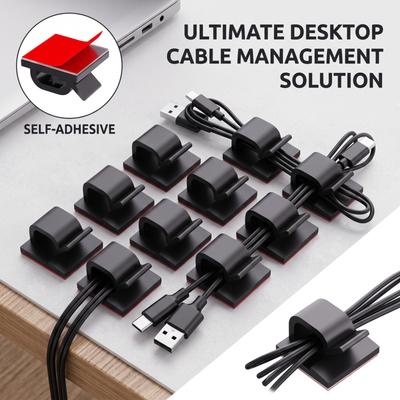10-Pack Black Small Square Silicone Self-Adhesive Cable Set for Desk