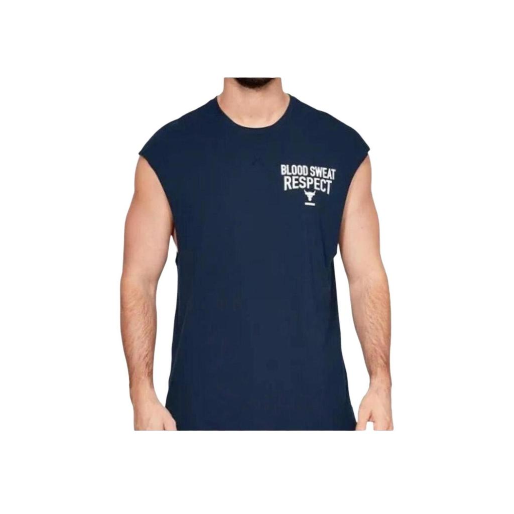 Under Armour Project Rock Bsr Cut Off Letter Print Bull Logo Soft Pullover Crew Neck Sleeveless Vest Men Tops Navy-Blue 1345817-408