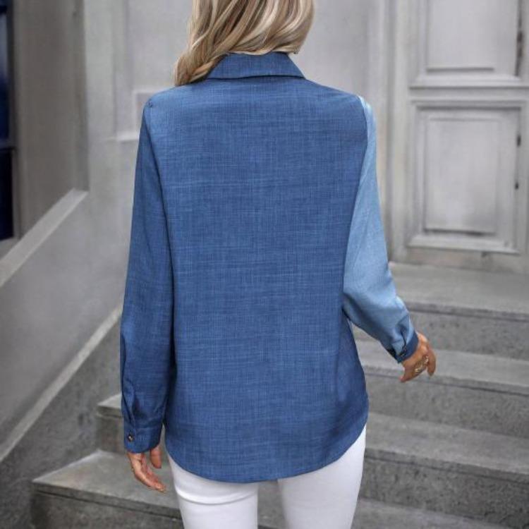Women Long Sleeve Shirt Lapel Color Blocking Casual Tops Daily Wear Single Breasted Regular Fit