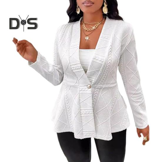 Fall Winter Lady Suit Coat Single Button Textured Jaquard Solid Color Mid Length Deep V Neck Long Sleeves Formal Business Style Lady Commuting Jacket