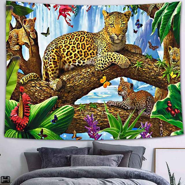 Simsant Forest Wildlife Tapestry Psychedelic Lion Forest Wall Hanging Tropical Plants Nature Landscape Dorm Bank