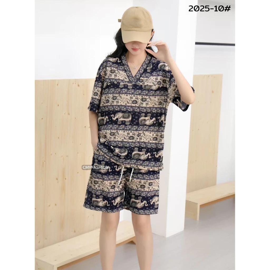 Elephant Pants Shorts Shirt Set V-neck Crop Top Short Sleeve Adjustable Elastic Waistband Strap Women Print Casual Boho Bohemian Retro Vintage