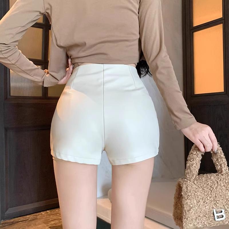 Women's 2025 High-Waist Black Leather Slimming Shorts - A-Line, Slim Fit, Casual Spring Hot Pants