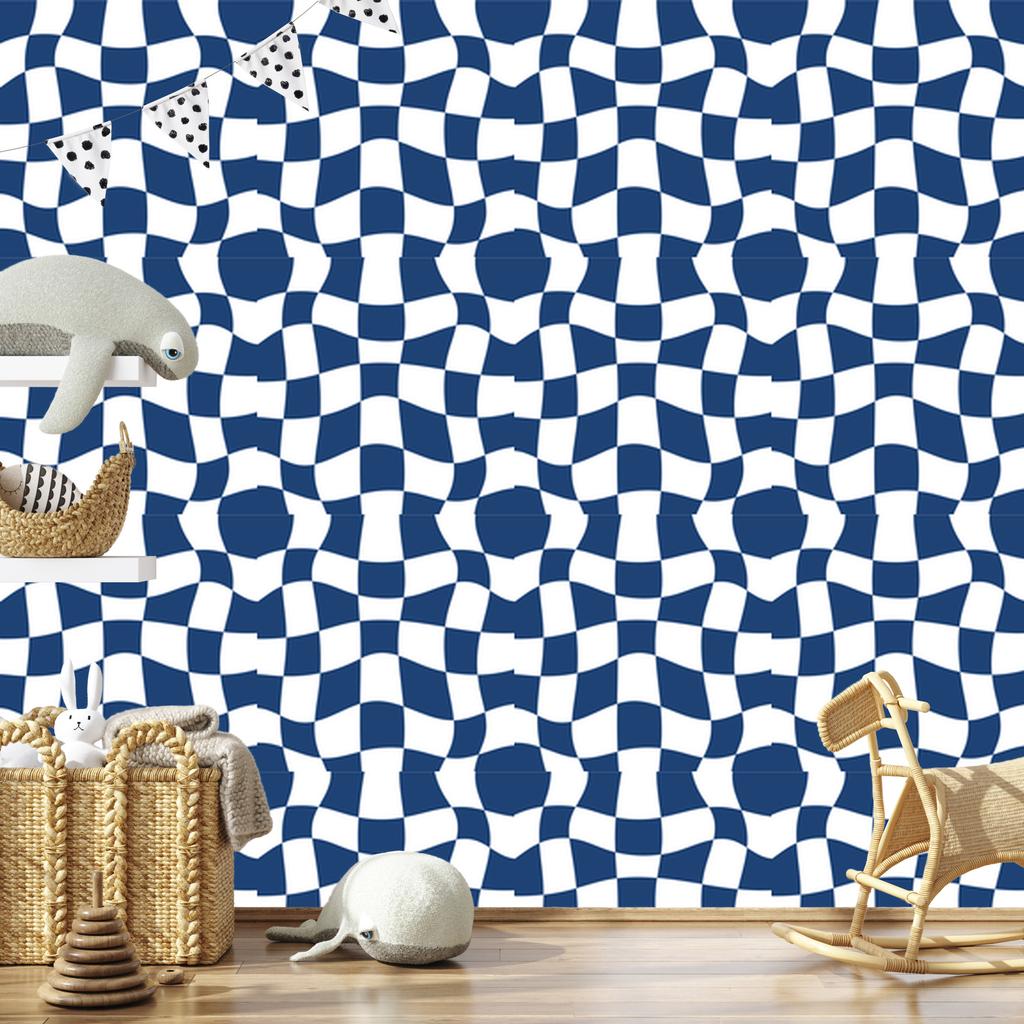 Wallpaper Casual Checkerboard Blue and White for Living Room and Bedroom 50x1000