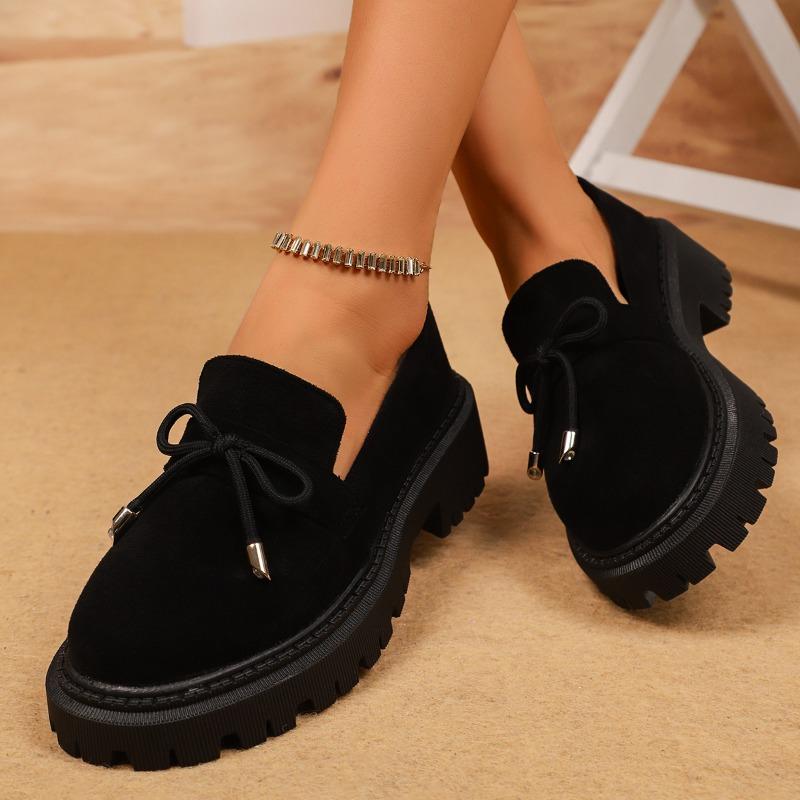 Women's Loafers Round Toe Platform Sole Square Heel Butterfly-knot Shoes  Fashion All-match Plus-size Spring Autumn Single Shoes