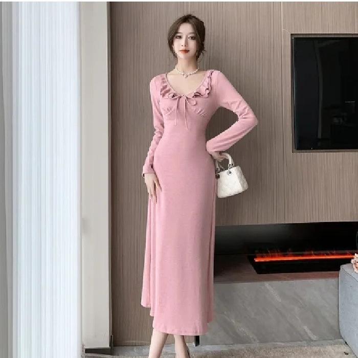 Pink Ruffle Leaf Edge Strap Dress for Women's Autumn and Winter New Pure Desire Style Spice Girl Waist and Thin Dress