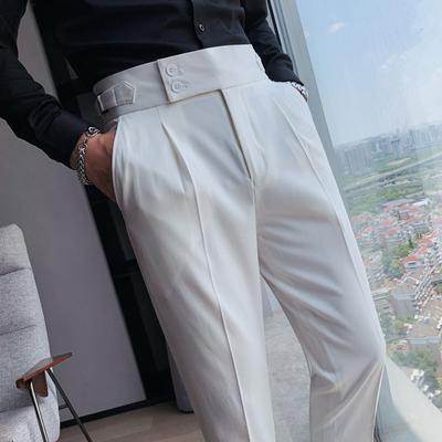 Podzimní jednobarevné kalhoty s vysokým pasem Pánské společenské kalhoty Vysoce kvalitní Slim Fit Business Kalhoty Běžný oblek Hommes