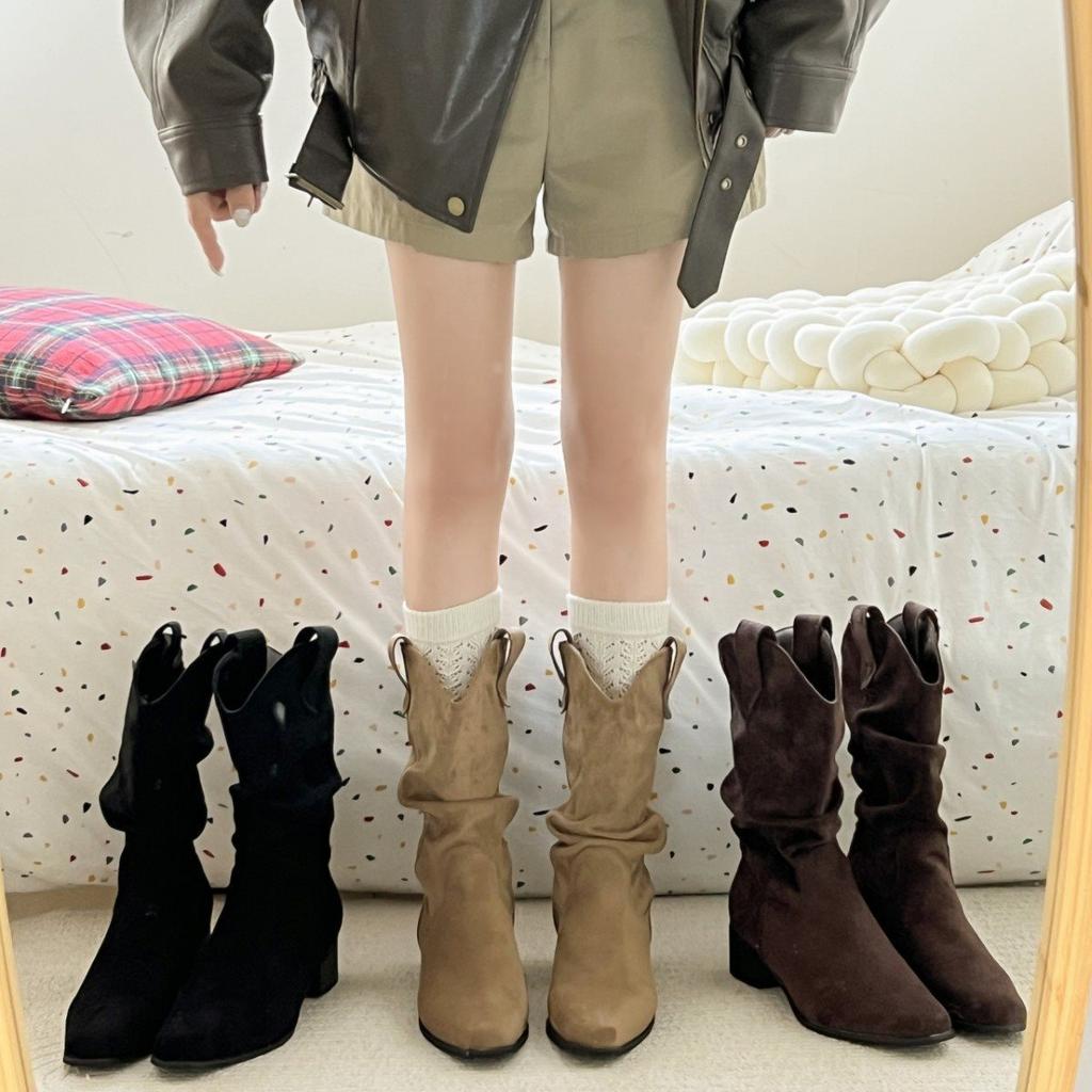 Pile Women's Pointed Boots Khaki Medium Tube Autumn and Winter Thick Heel Boots 2025 Knight Boots Women's Thin New Short Boots