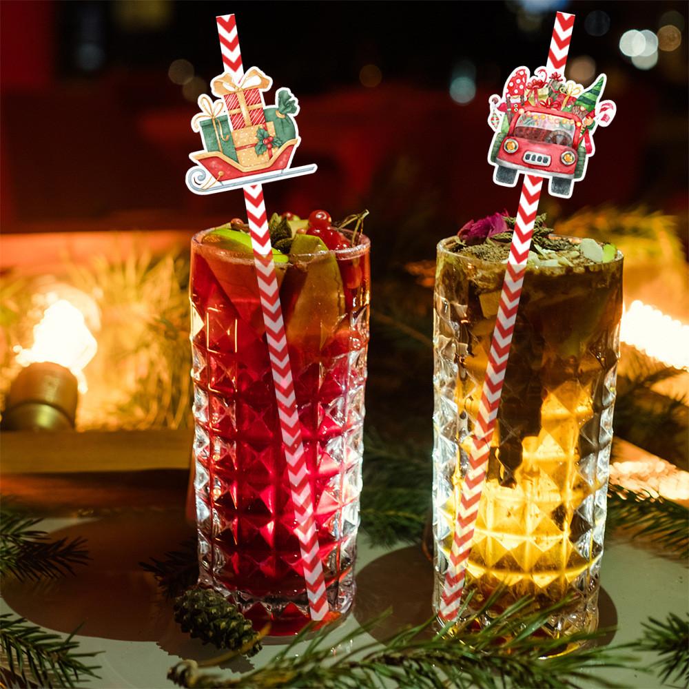 Theme Christmas Table Decor Disposable Paper Straws Set With Santa Pattern Claus