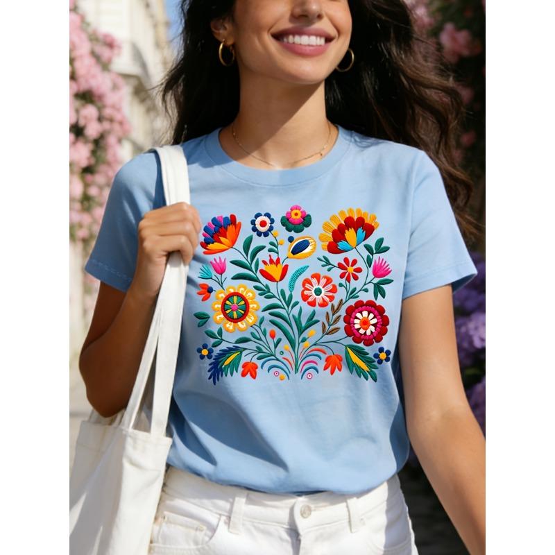 Mexican Colorful Floral Festival Letter Printed T-shirt, Women's Casual Short Sleeved Round Neck Top