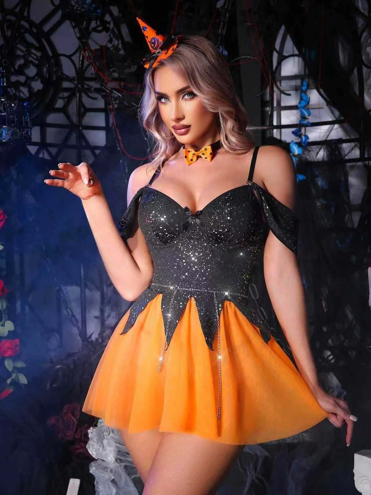 Хэллоуин Ведьма Шоу Вечеринка Костюм Желтое Платье Накидка Сексуальный Костюм Нижнего Белья S чёрный