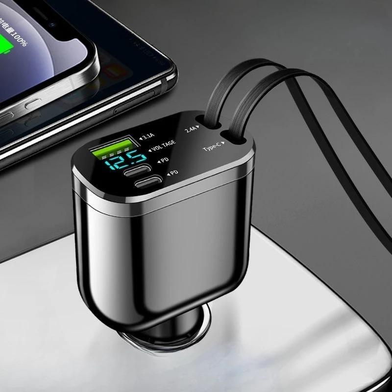 NEW 5-IN-1 150W Retractable Car Charger Mobile Phone USB PD Type C Cable For iPhone Fast Charge Cord Cigarette Lighter Adapter Car Accessories