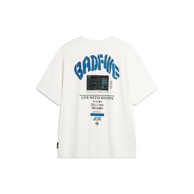 Li Ning Badfive Taktisches T-Shirt mit Buchstabenprint, locker, Rundhalsausschnitt, Kurzarm, Herren-Tops, Off-White AHSU435-2