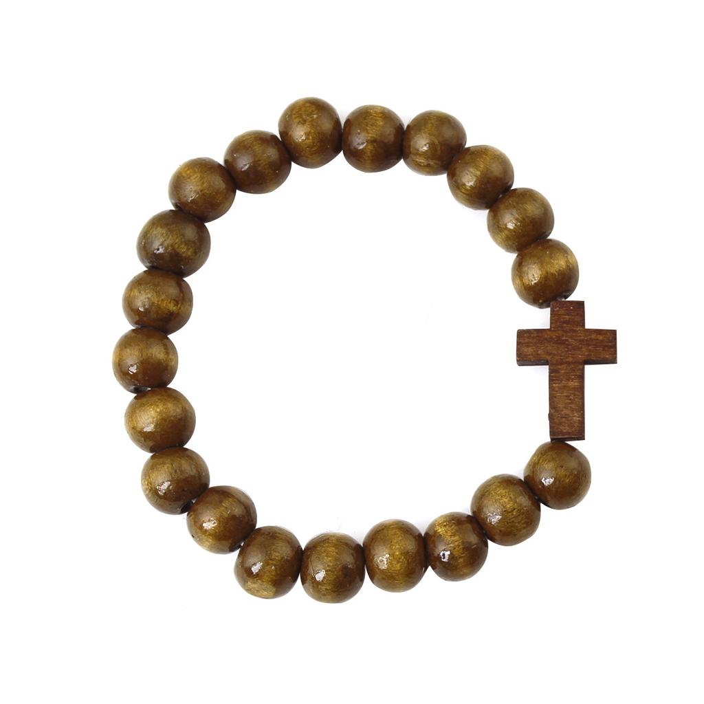 Men's Solid Color Wood Bead Cross Pendant Bracelet European and American Style Black Wood Retro Handmade Bracelet
