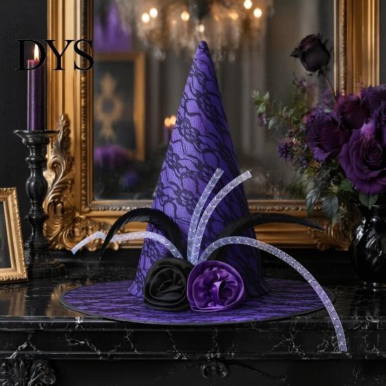 Fashionable Theme Event Hat Halloween Star Witch Hat, Mesh Veil Rose Feather Cone Adult Party Hats for Women, Gothic Costume Headwear, Cosplay