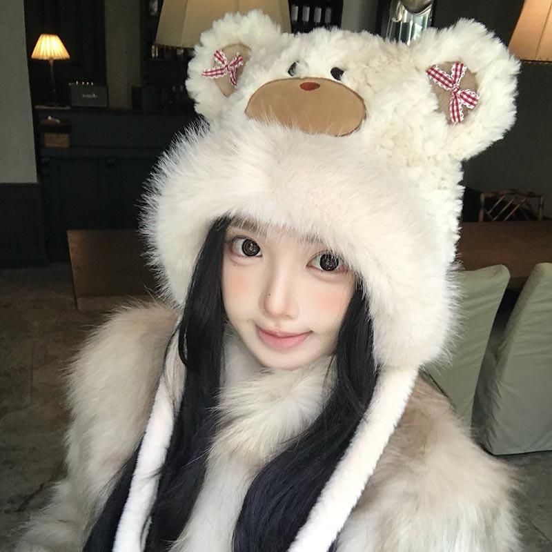 Sweet and Cute Furry Bow Bear Lei Feng Hat Winter Women's Versatile Face Small Cold Warm Hat