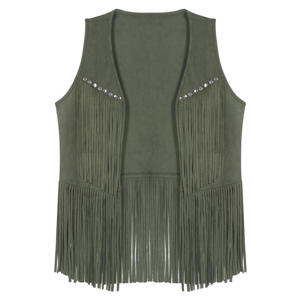 Womens Faux Suede Tassel Vest Fashion Rivets Fringe Waistcoat Open Front Sleeveless Jacket Boho Style