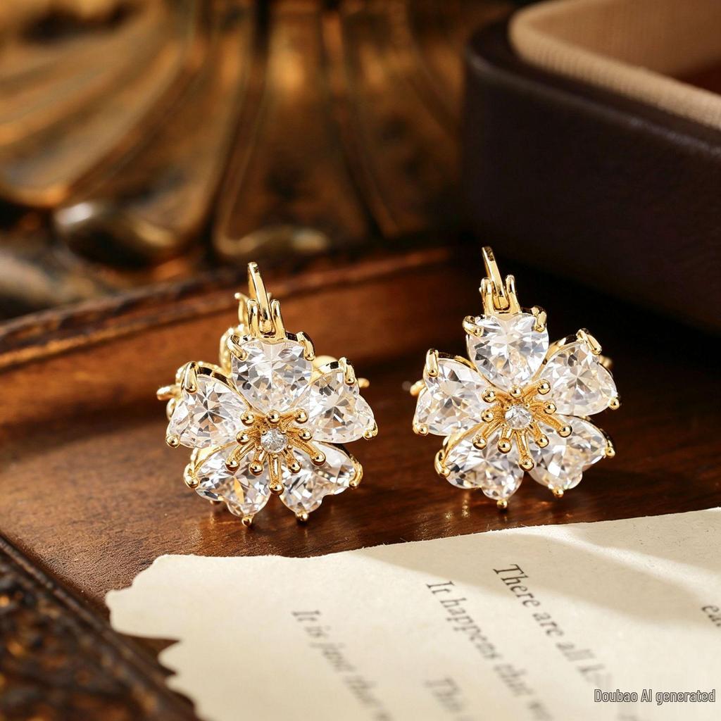 Double-Sided Zircon Cat Eye Flower Earrings, 16K Gold Plated, Super Shiny Versatile Jewelry