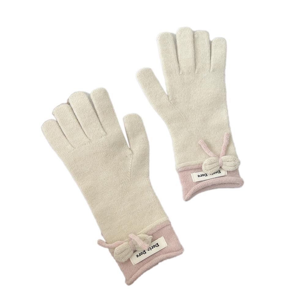 Bow Gloves for Women In Winter Korean Style Versatile Student Cute Five Finger Wool Knitted Couple Men Warm Riding