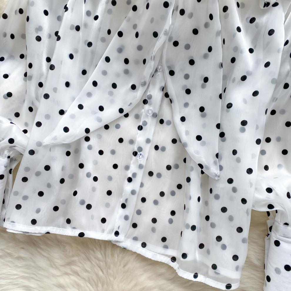 Francouzský Retro Společenský Styl Špičková Polokošile pro Ženy Na Podzim s Bufetovými Rukávy a Designem Mašle, Temperamentní Top