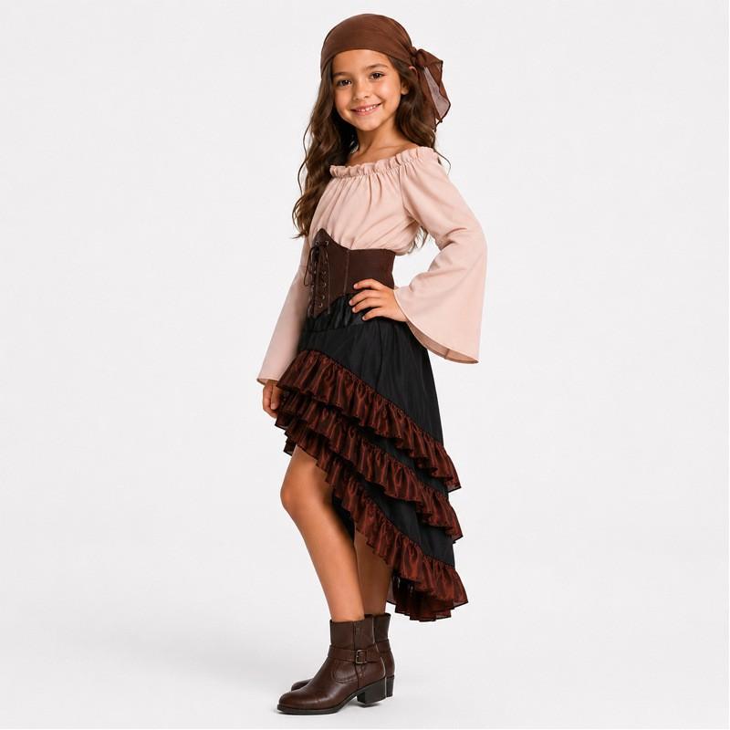 Halloween Costume Dress Girls Vintage Asymmetrical Hem High Waist Ruffle Skirt Pirate Theme Stage Outfit