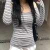 Gestreiftes vielseitiges Oberteil mit großem Rundhalsausschnitt, leichten und kontrastierenden Farben, Slim Fit, einseitiger Schulter-Pullover, gestricktes Spice Girl Top