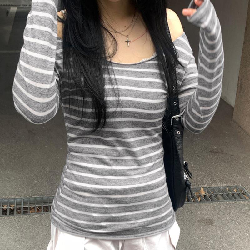Gestreiftes vielseitiges Oberteil mit großem Rundhalsausschnitt, leichten und kontrastierenden Farben, Slim Fit, einseitiger Schulter-Pullover, gestricktes Spice Girl Top