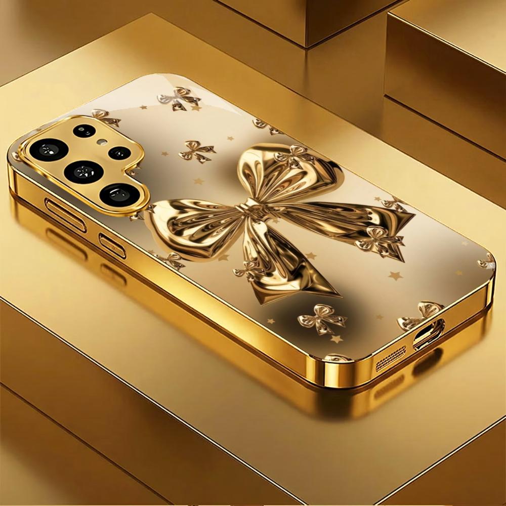 Exquisite Golden Bow Tie Phone Case S26 Ultra Case S25 Ultra Case Glass for Samsung Galaxy S26 S25 S24 S23 S22 FE Ultra Plus