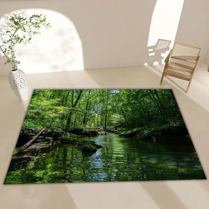 Visual 3D Carpet Forest Natural Decoration Rug Living Room Bedroom Vibrant Carpet Winter Warmth Foot Mat