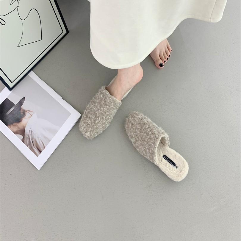 2025 new autumn and winter flat-bottomed retro bag head half slippers plush shoes cotton mop