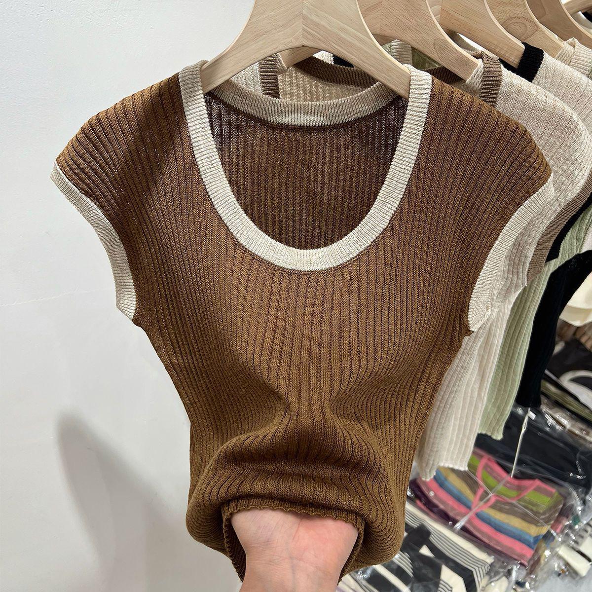 

Универсальный женский топ премиум-класса с коротким рукавом и круглым вырезом в корейском стиле, вязаный, с цветными блоками XL коричневый