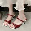Fashion Elegant Square Toe High Heel Sandals Women Summer New Bow Knot Wine Red Sandal Female Wedding Party Patent Leather Sandal Mujer
