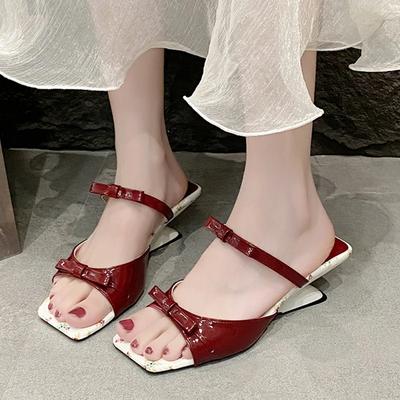 Fashion Elegant Square Toe High Heel Sandals Women Summer New Bow Knot Wine Red Sandal Female Wedding Party Patent Leather Sandal Mujer