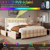 Smart Fabric Bed with RGB Music Sync Lights Charging Station AC USB Type C Ports 4 Storage Drawers Beige Grey Queen Size