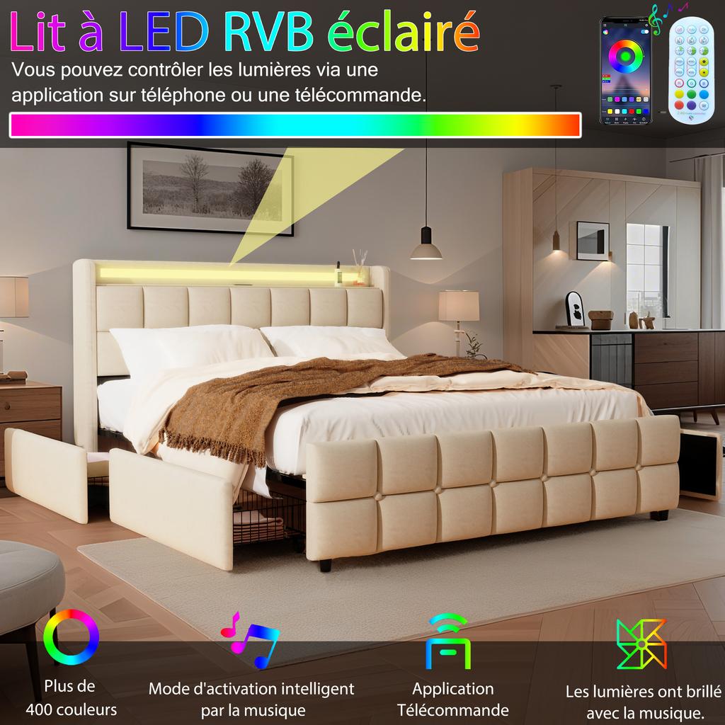 Smart Fabric Bed with RGB Music Sync Lights Charging Station AC USB Type C Ports 4 Storage Drawers Beige Grey Queen Size