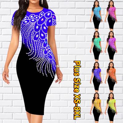 Slim Short Sleeve Knee-length Dress Fashion Women Midi 3D Pearl Leaves Print Dress