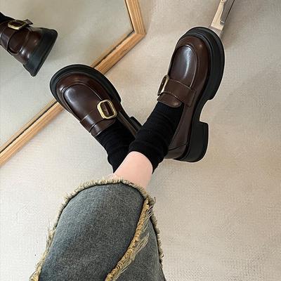 Rundkopf Britischer Stil braun dicker Absatz kleine Lederschuhe Damen 2025 neu Sommer Ein-Pedal Französische Plateau-Loafer Einzelne Schuhe