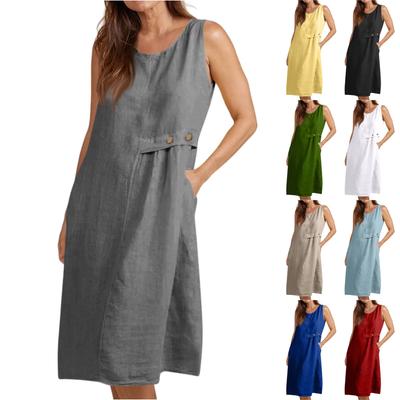 Women's Fashionable Solid Color Round Neck Button Pocket Loose Sleeveless Vest Dress