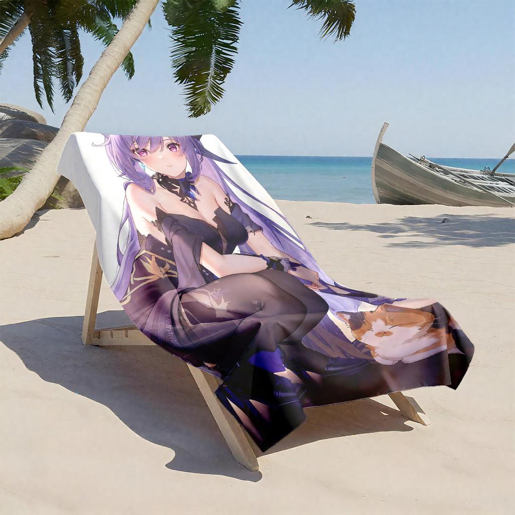 1pc Elegant Anime Girl with Cat Companion 2D Printed Microfiber Beach Towel, quick dry super absorbent. Great for beach, pool
