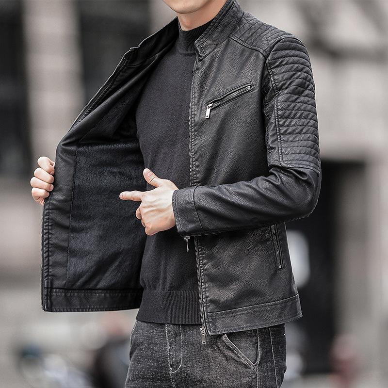 Men's Leather Jacket Spring and Autumn New Trendy Motorcycle Stand Collar Jacket Men's Slim Korean Style Green Pu Leather Jacket